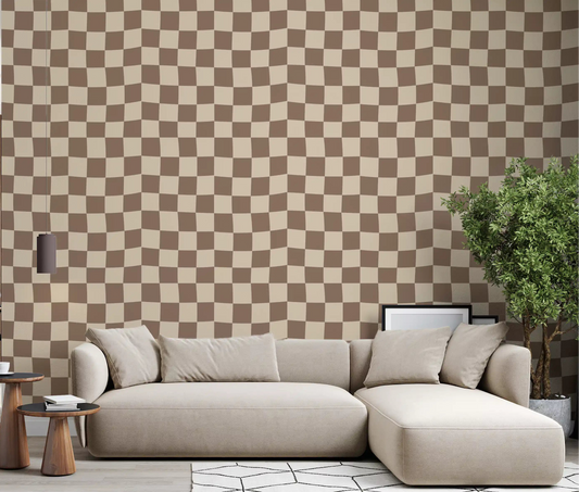 Wavy Beige Check wallpaper paints a tonal geometric mood through the living room.
