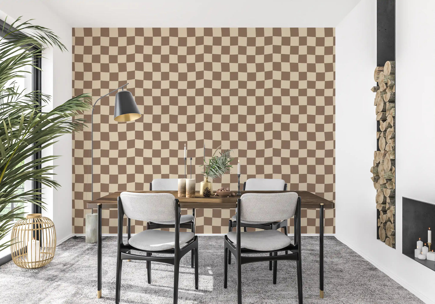 Dining room glows under Wavy Check wallpaper with beige and brown checker squares.