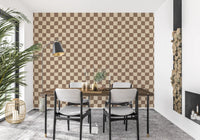 Dining room glows under Wavy Check wallpaper with beige and brown checker squares.