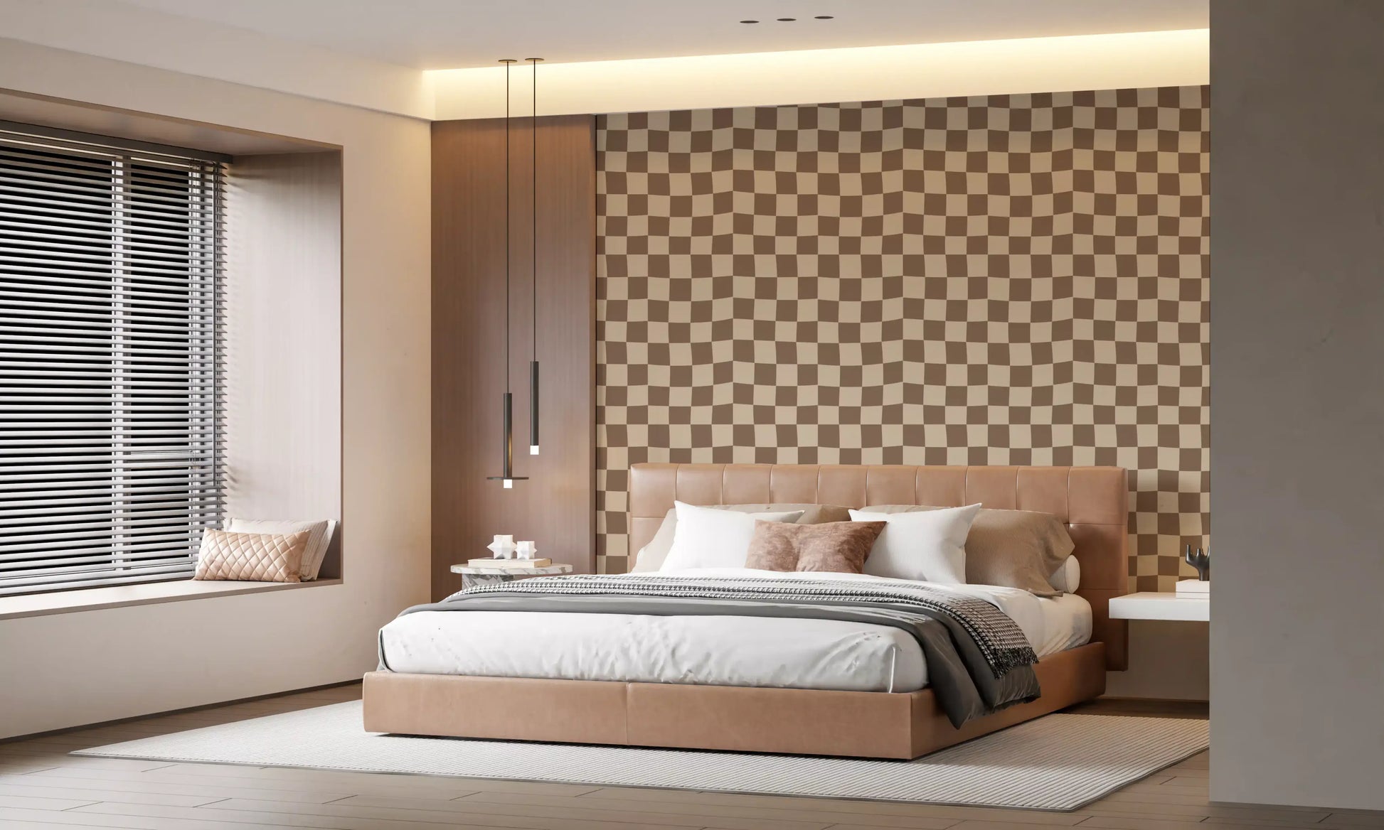 Curving squares pair cream with taupe brown along the surface of Wavy Check wallpaper.