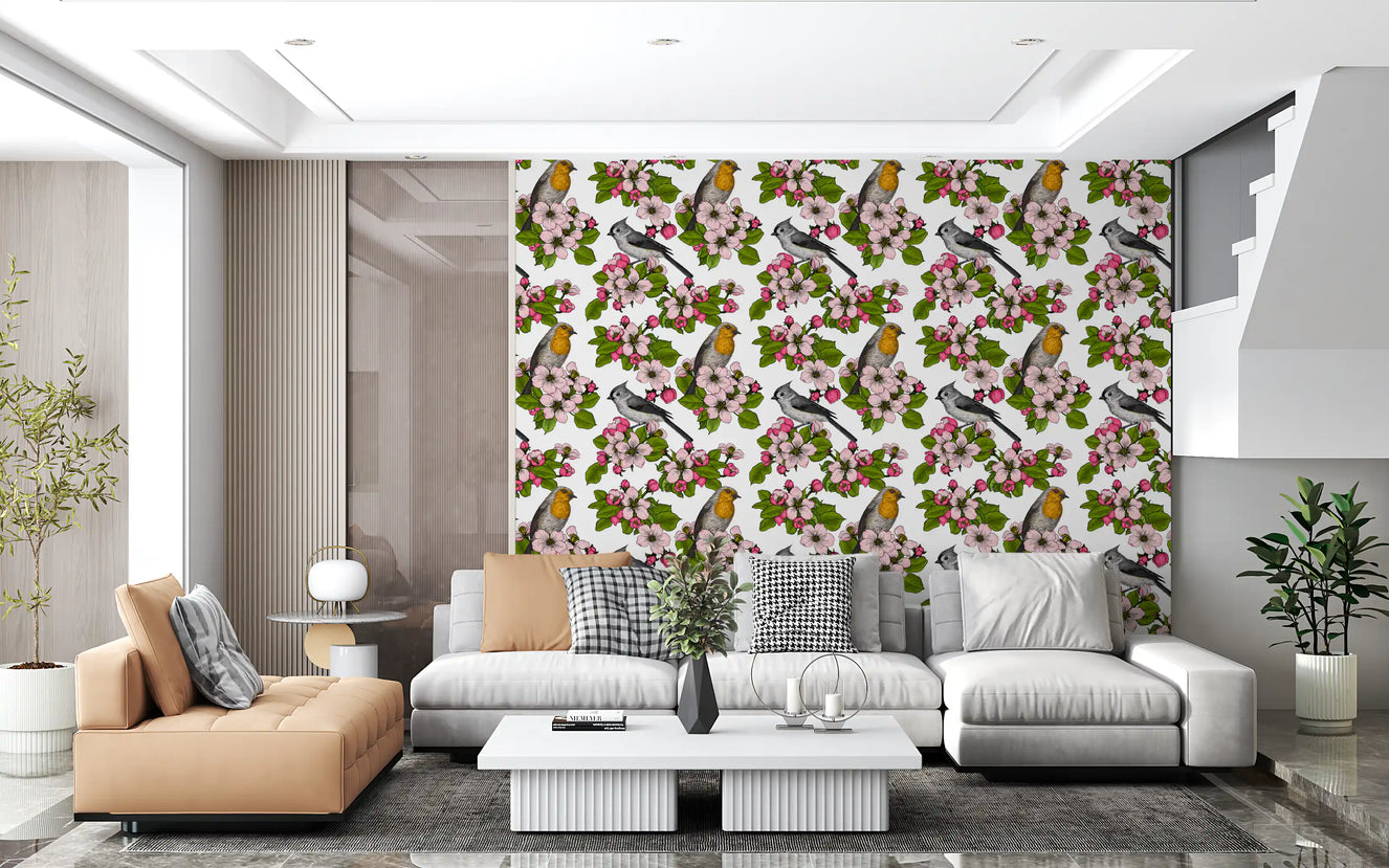 Birds and Blossoms on white 2 Wallpaper⁠