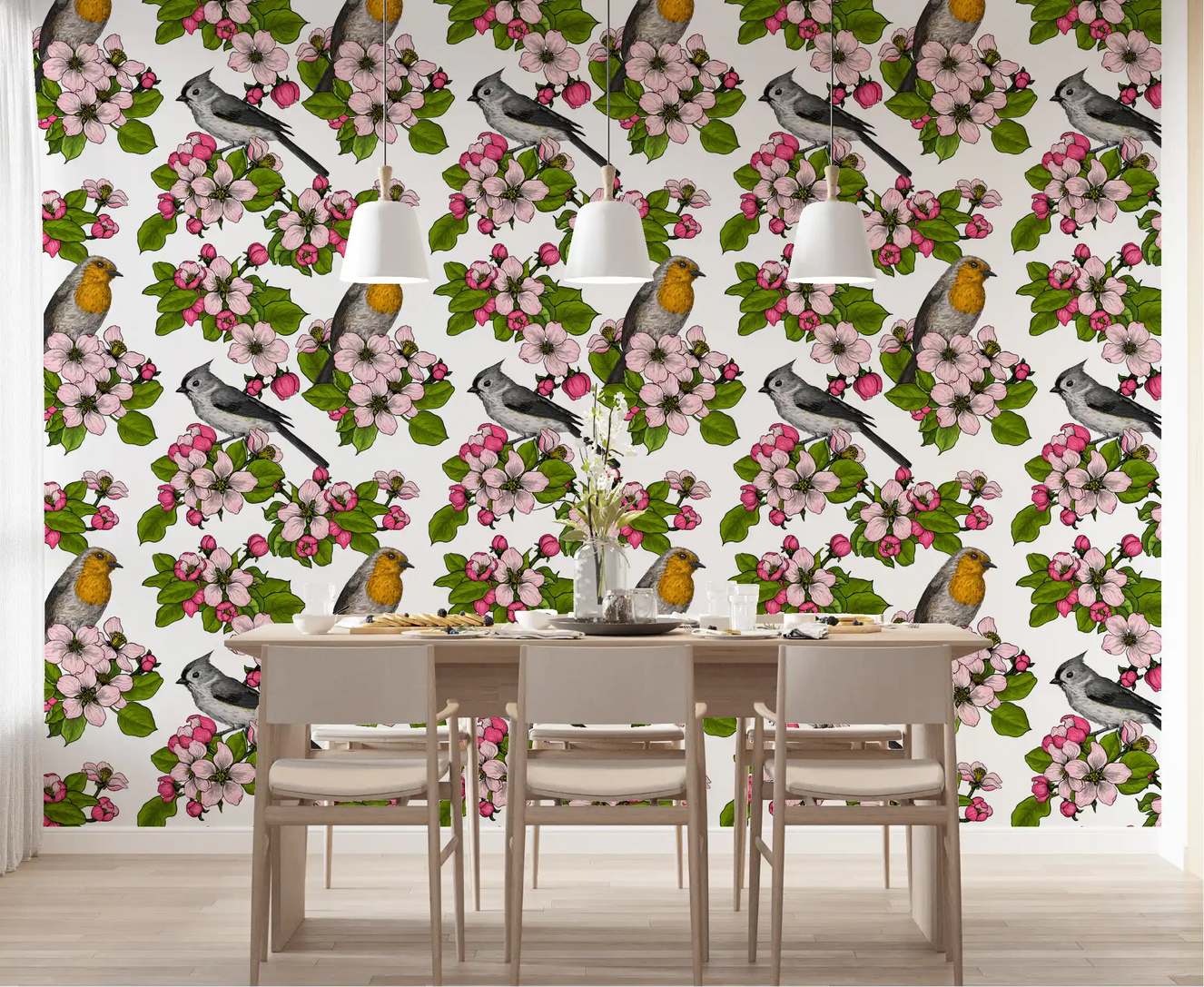 Pink petals with robin and titmouse liven a dining room in Birds and Blossoms wallpaper.