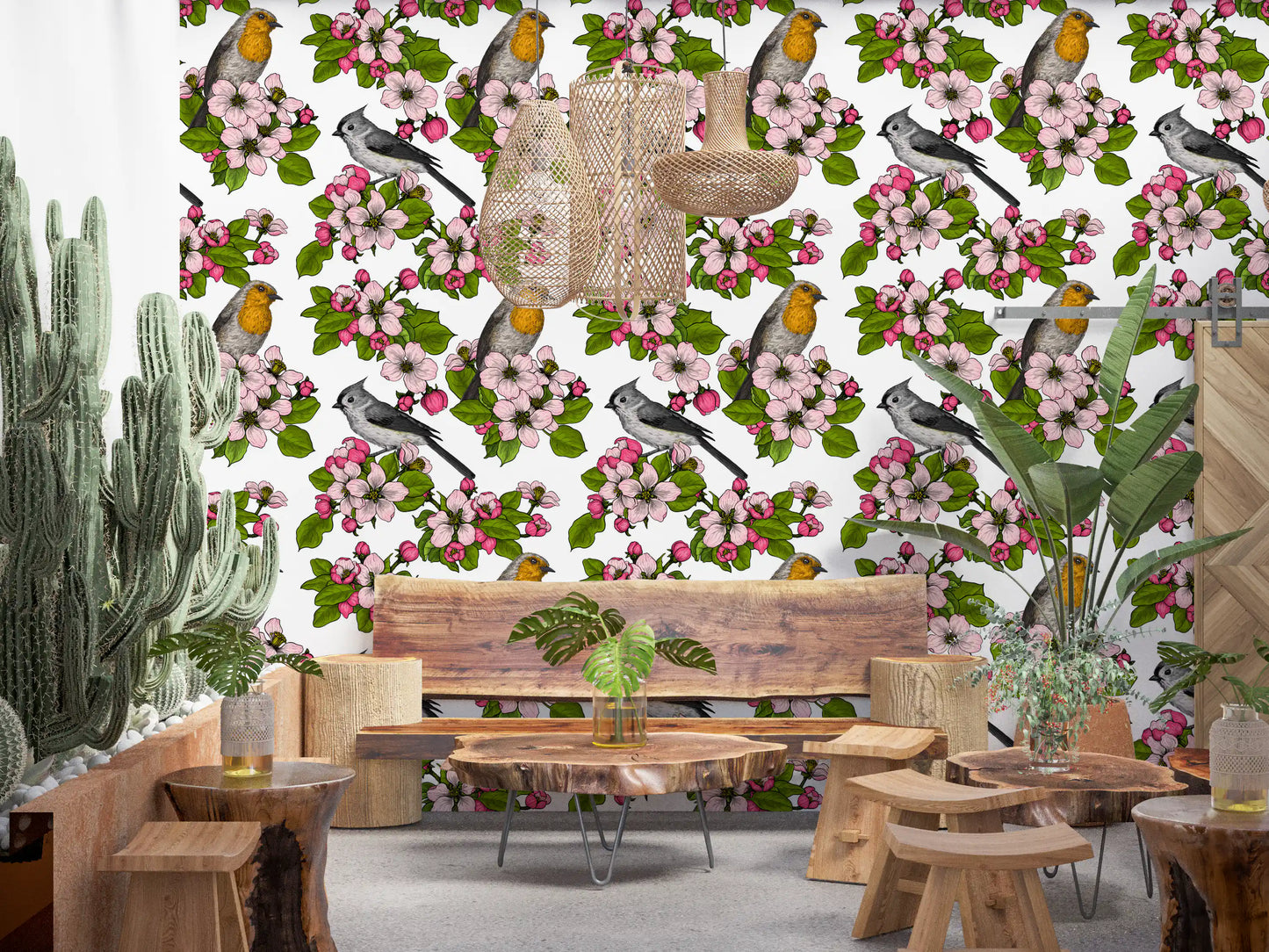 Uccelli e Fiori su sfondo bianco 2 Carta da parati⁠