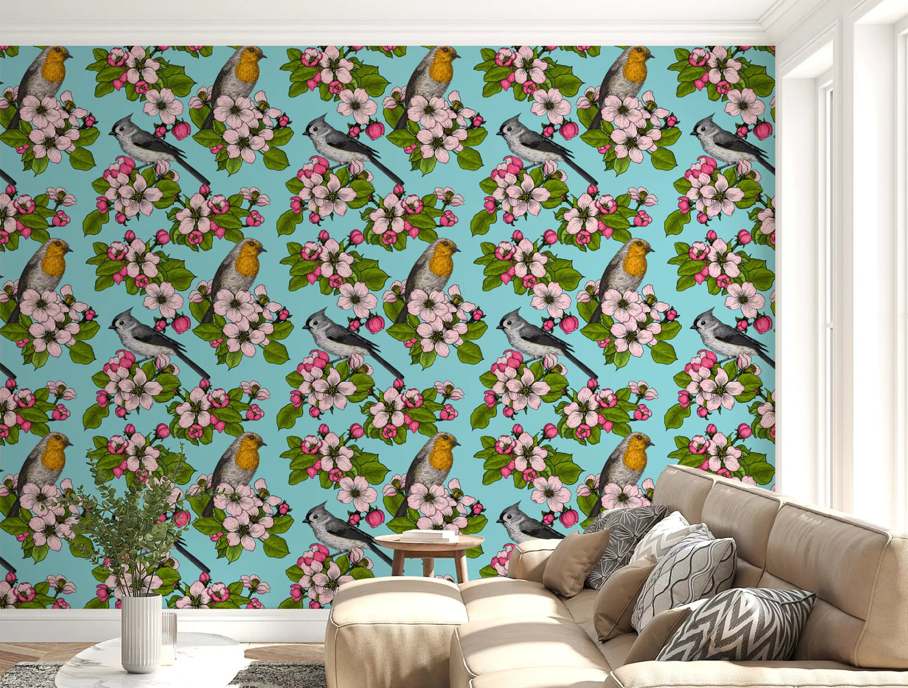 Birds and Blossoms wallpaper opens a living room with turquoise floral repeat
