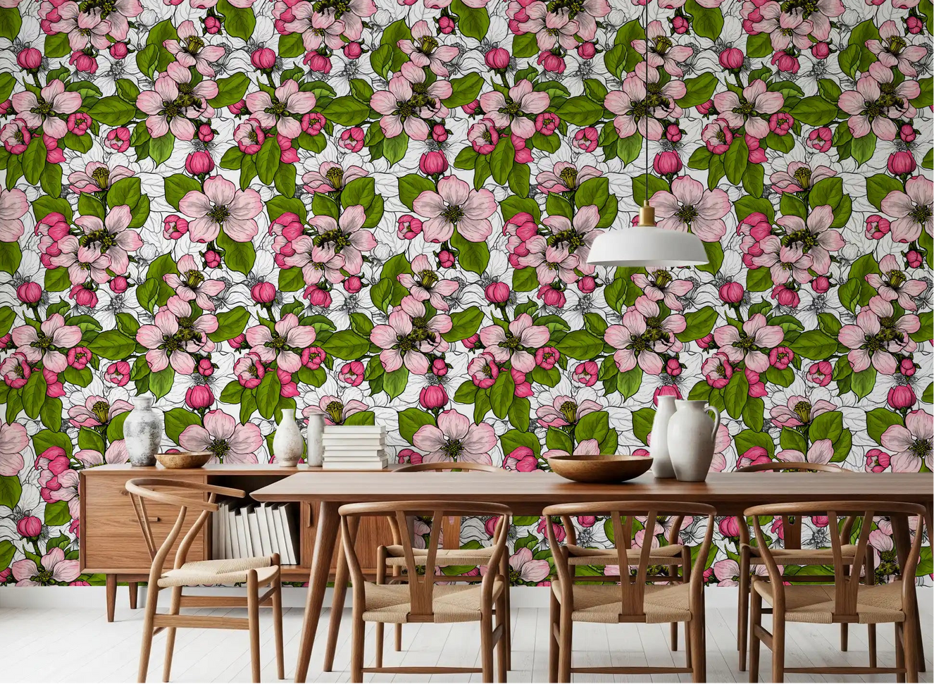 Apple blossom on white Wallpaper covers the dining room partition completely.