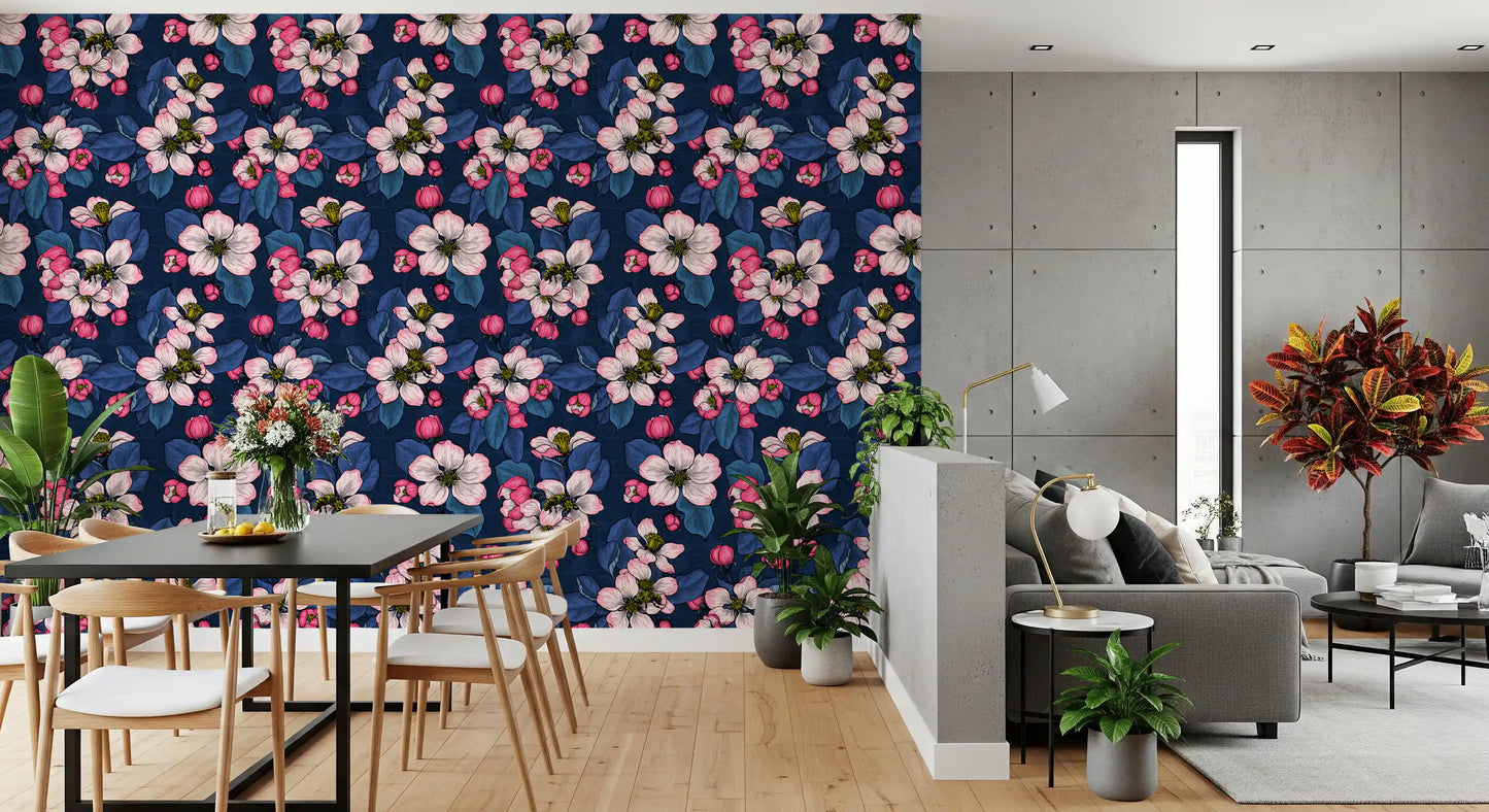 blooming branches cover the detailed apple wallpaper throughout this Living and dining room .