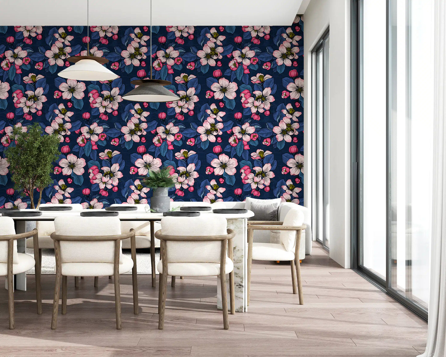 Indigo tones complement the floral apple wallpaper inside a cosy Dining  room.