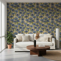 Wide living room featuring our Cornflowers Wallpaper behind a modern white couch.