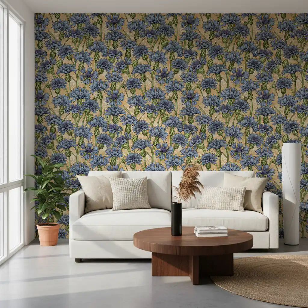 Wide living room featuring our Cornflowers Wallpaper behind a modern white couch.