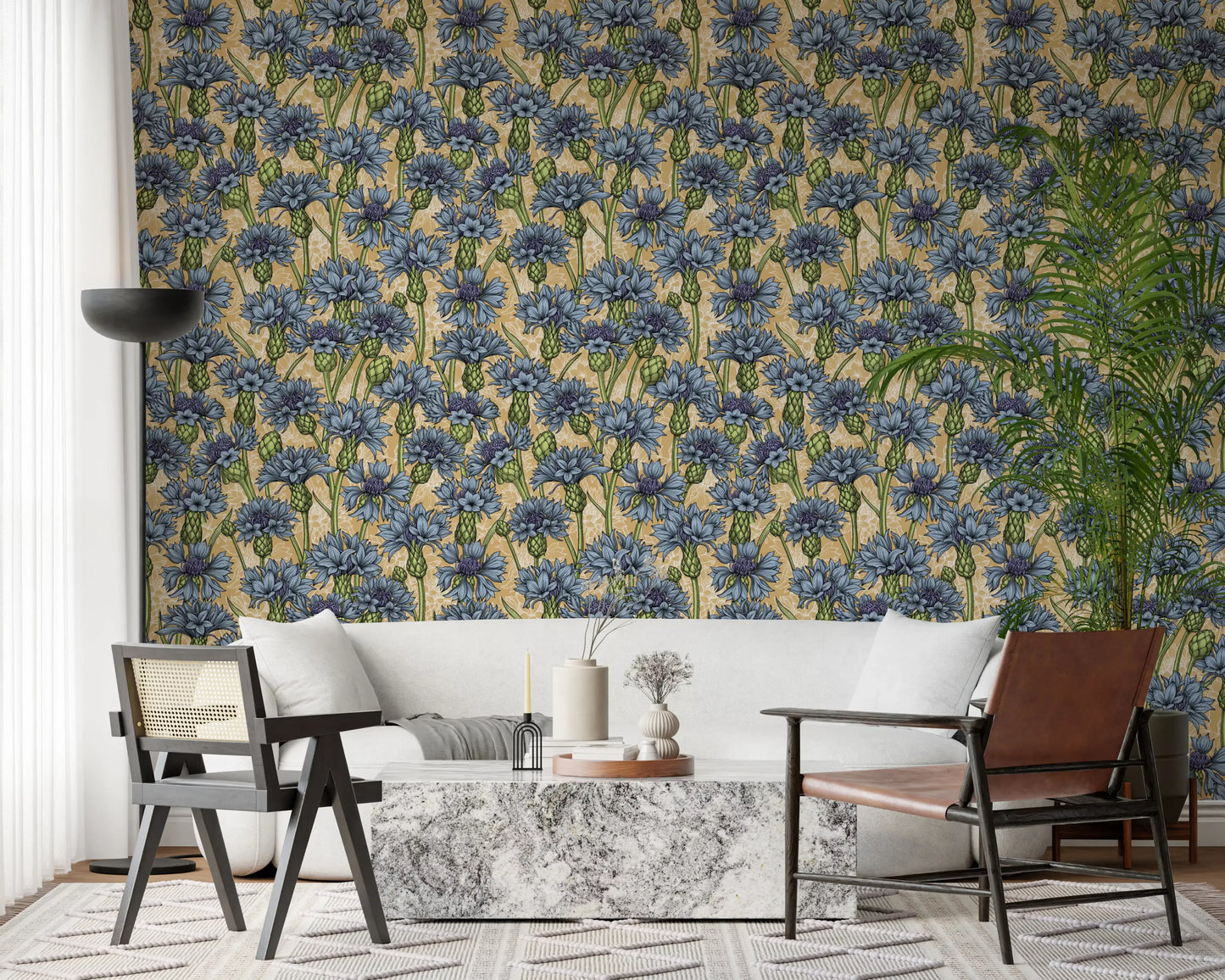 Vertical lines characterize the floral stems within the Cornflowers Wallpaper.