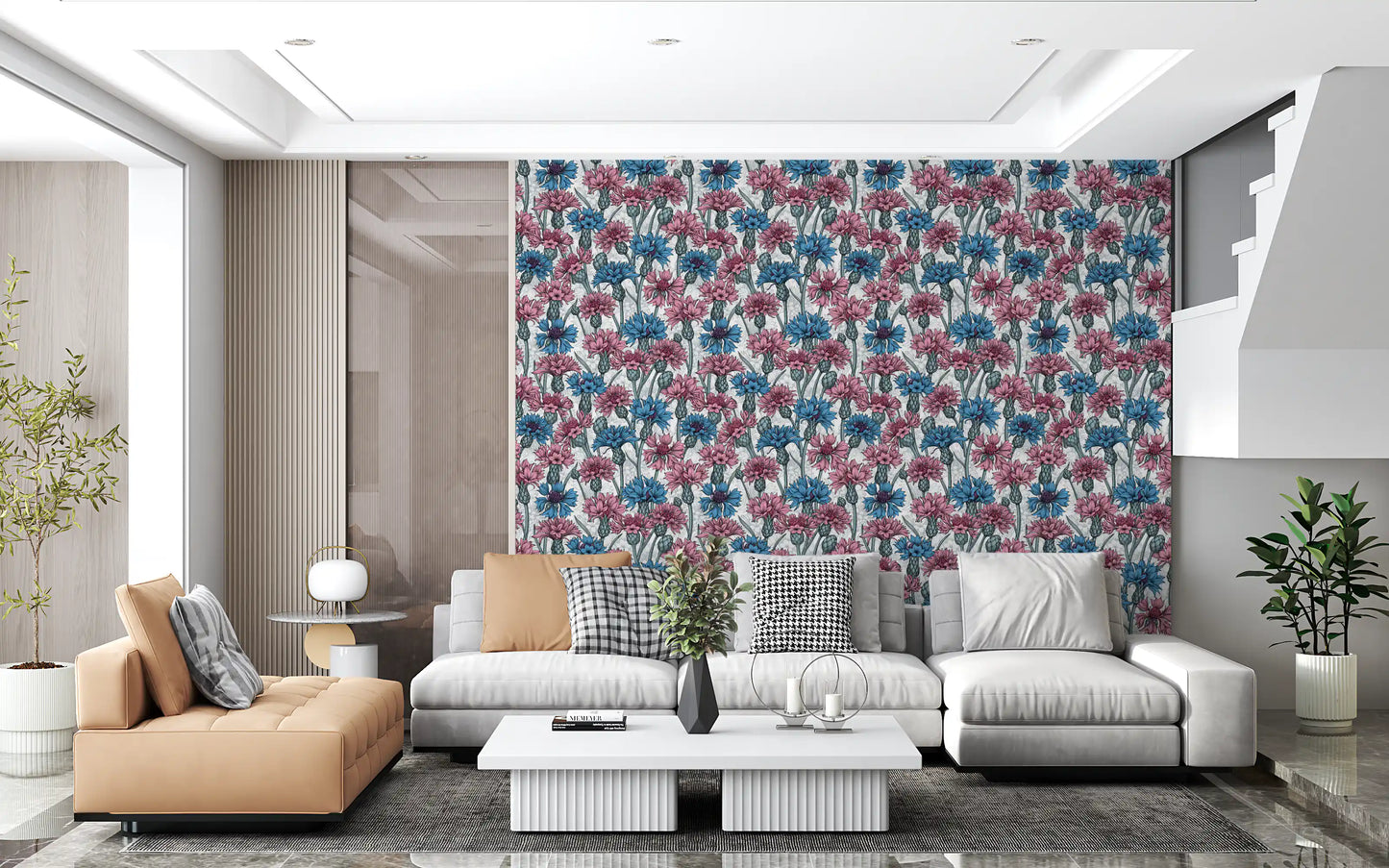 Papel de parede com centáureas cor-de-rosa e azuis sobre fundo branco