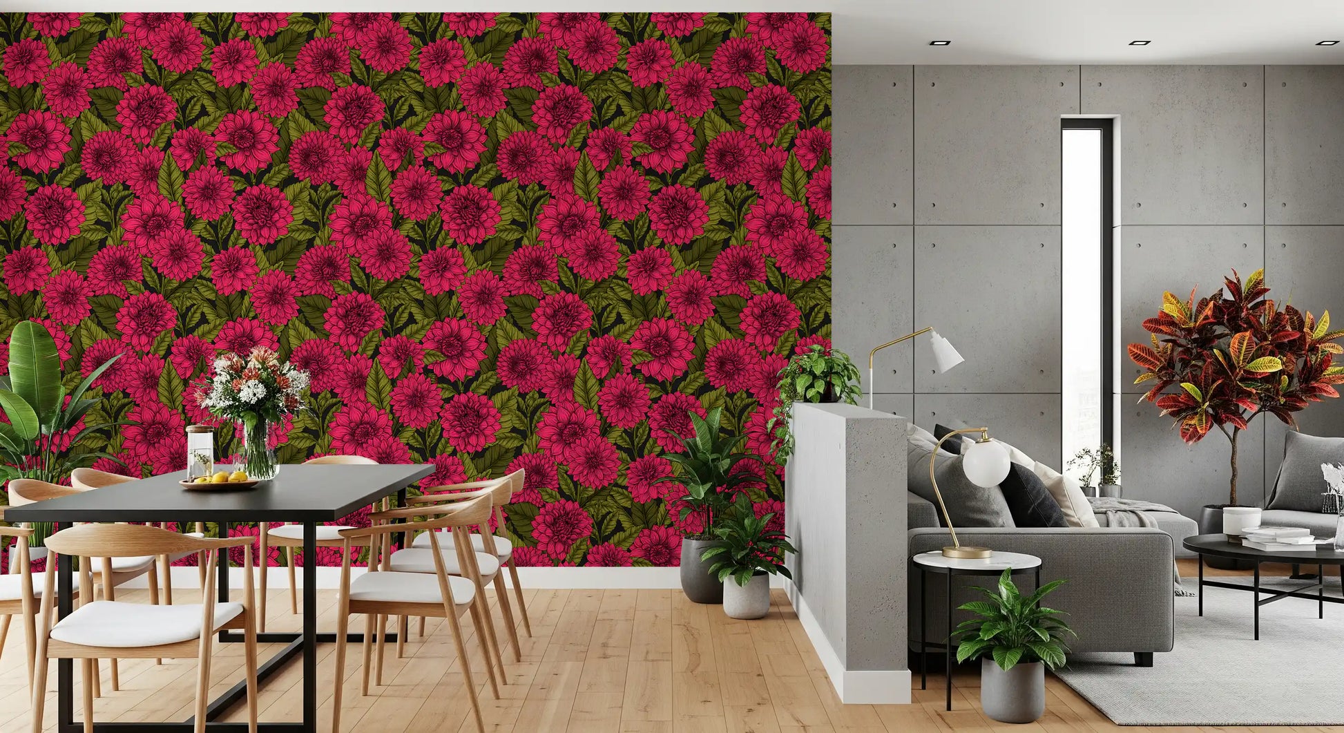 Etched black outlines detail every petal in the Dahlia garden Wallpaper perfectly.