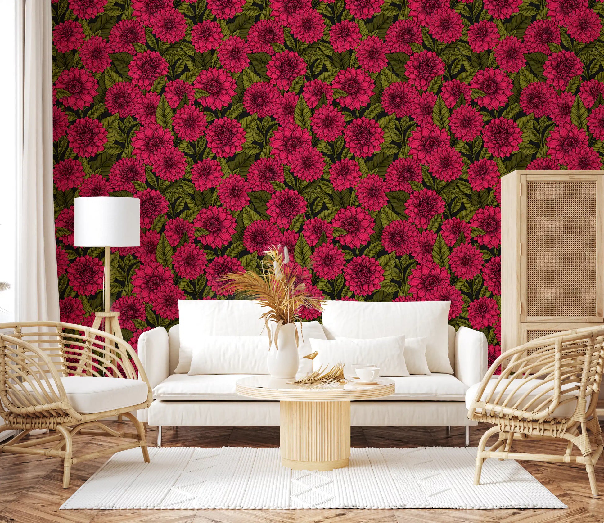 The garden wallpaper runs across the architecture of the modern lounge.