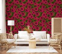 The garden wallpaper runs across the architecture of the modern lounge.