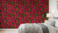 Deep pink floral patterns from the Dahlia garden Wallpaper complete the modern bedroom.