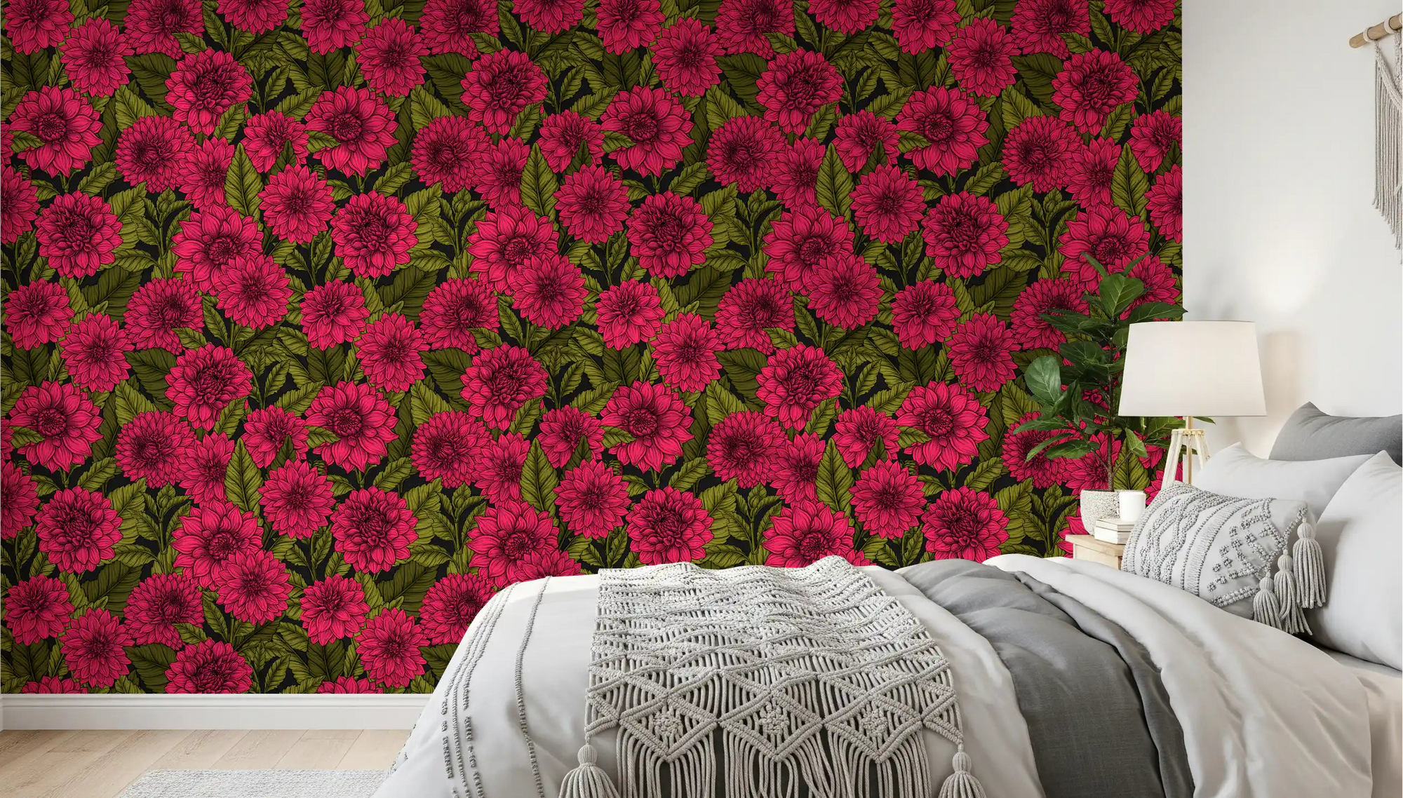 Deep pink floral patterns from the Dahlia garden Wallpaper complete the modern bedroom.