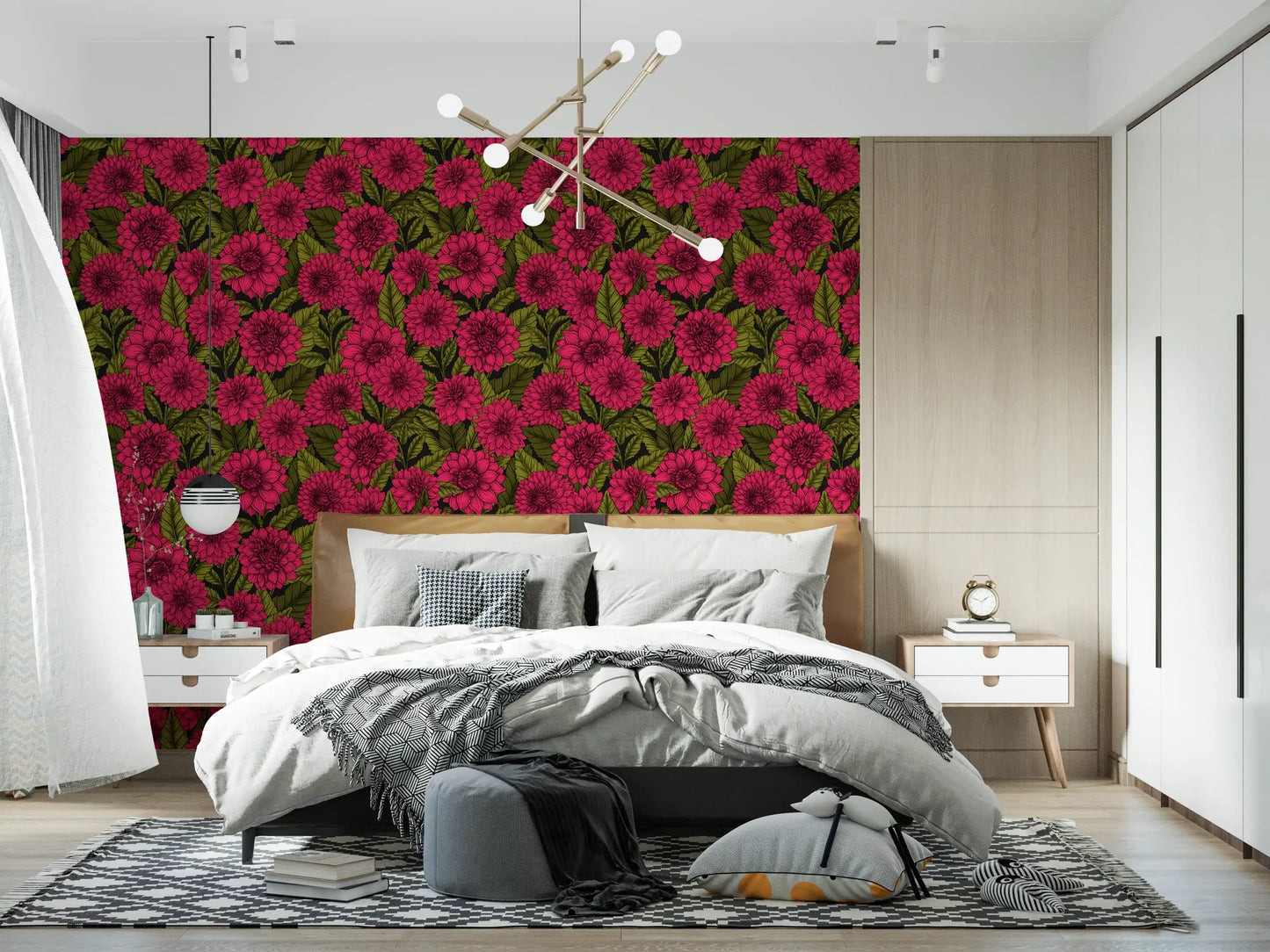 Bright magenta blooms overlap textured green leaves across the botanical garden wallpaper.
