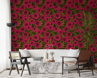 Dark floral aesthetics define the entire living room featuring this garden wallpaper.