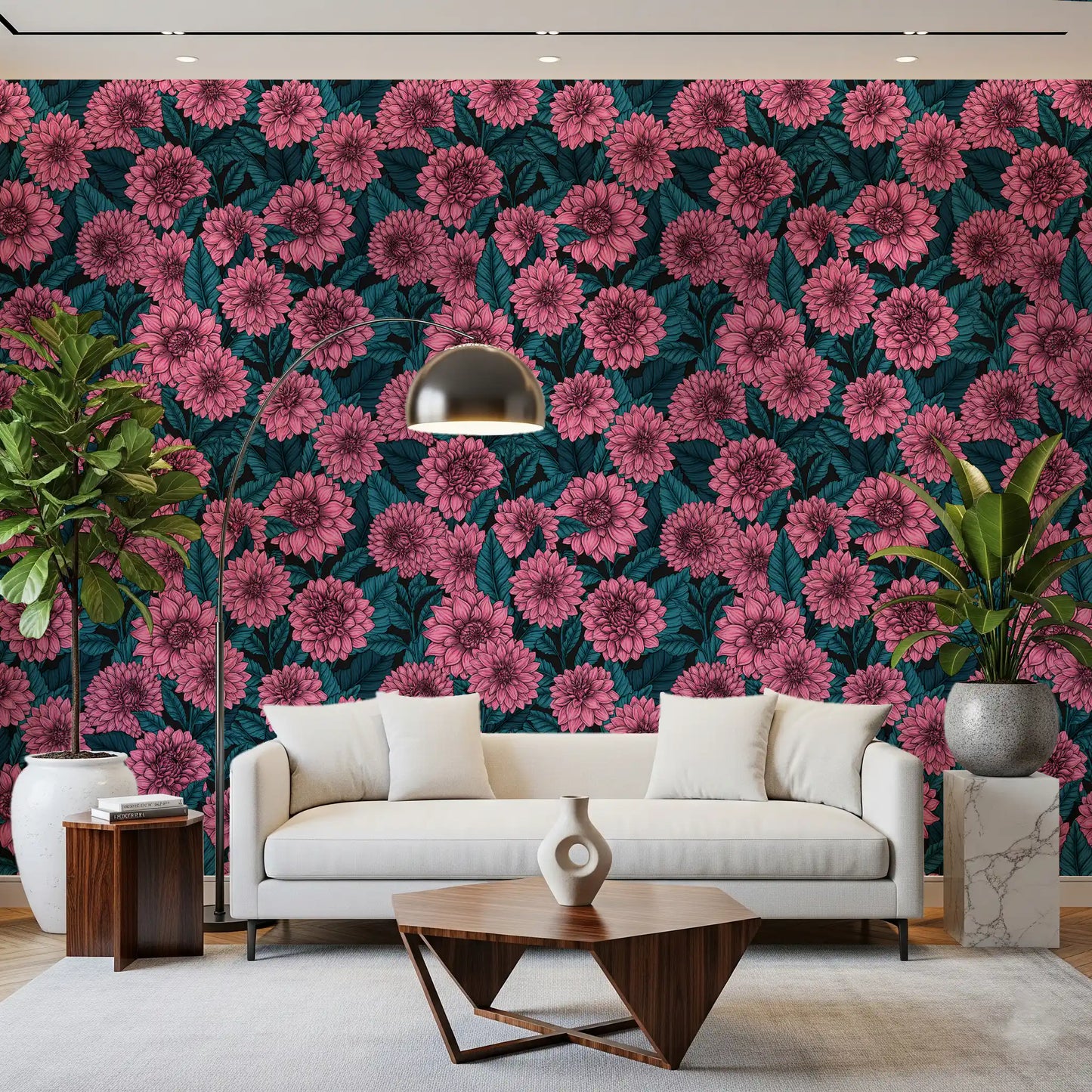 Pink Dahlia garden// blue leaves Wallpaper⁠