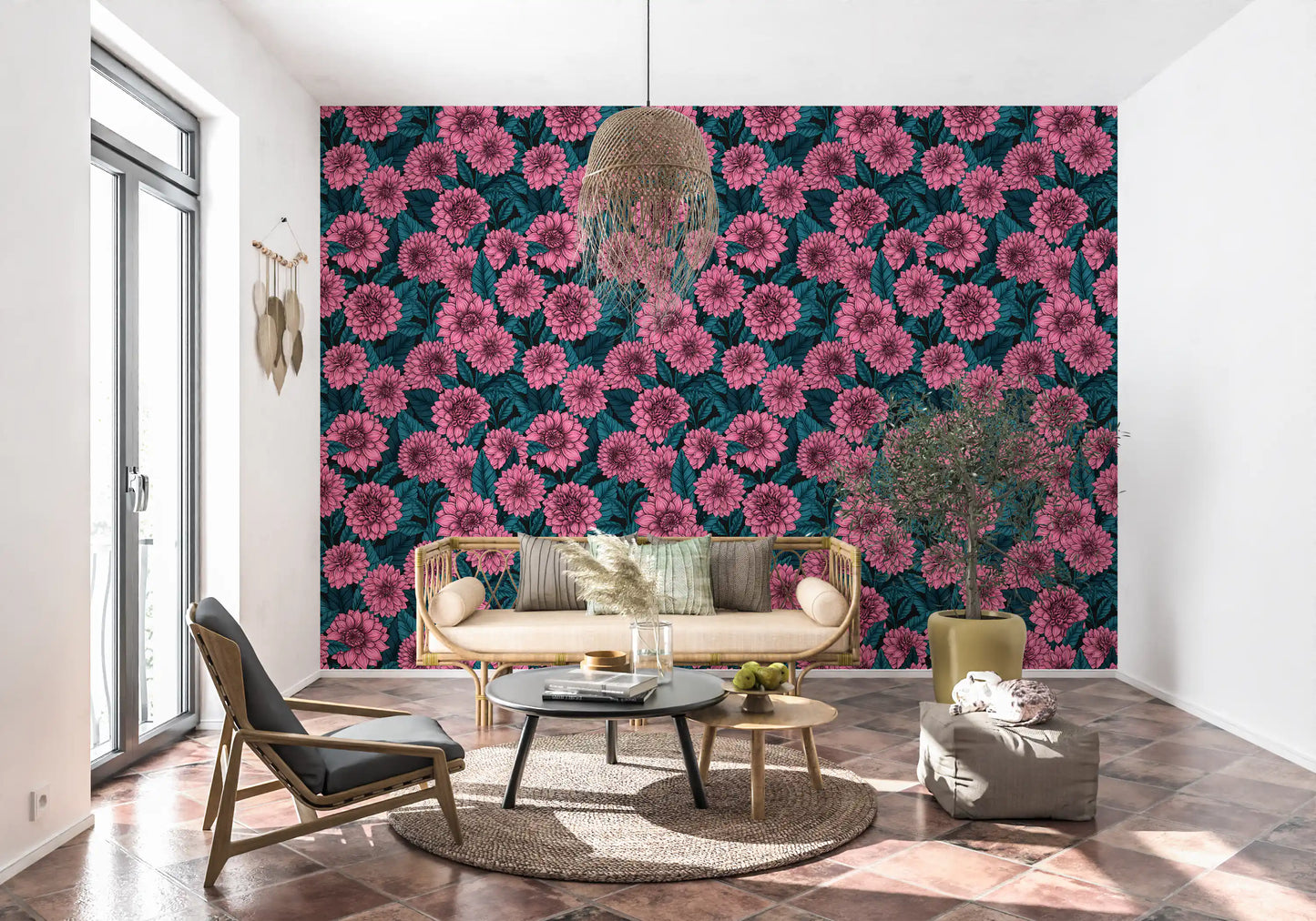 Pink Dahlia garden// blue leaves Wallpaper⁠