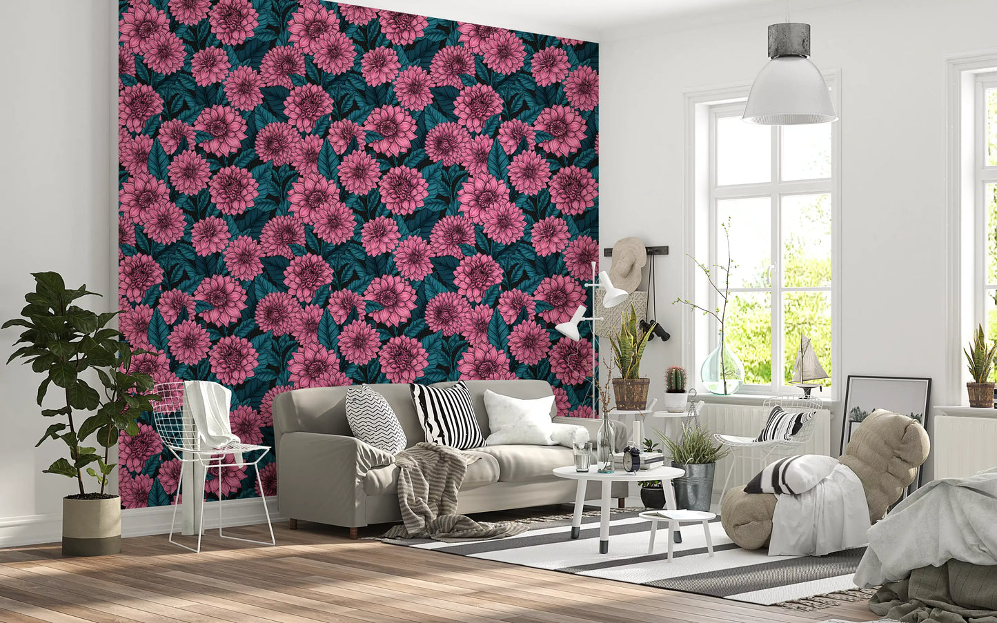 Pink Dahlia garden// blue leaves Wallpaper⁠