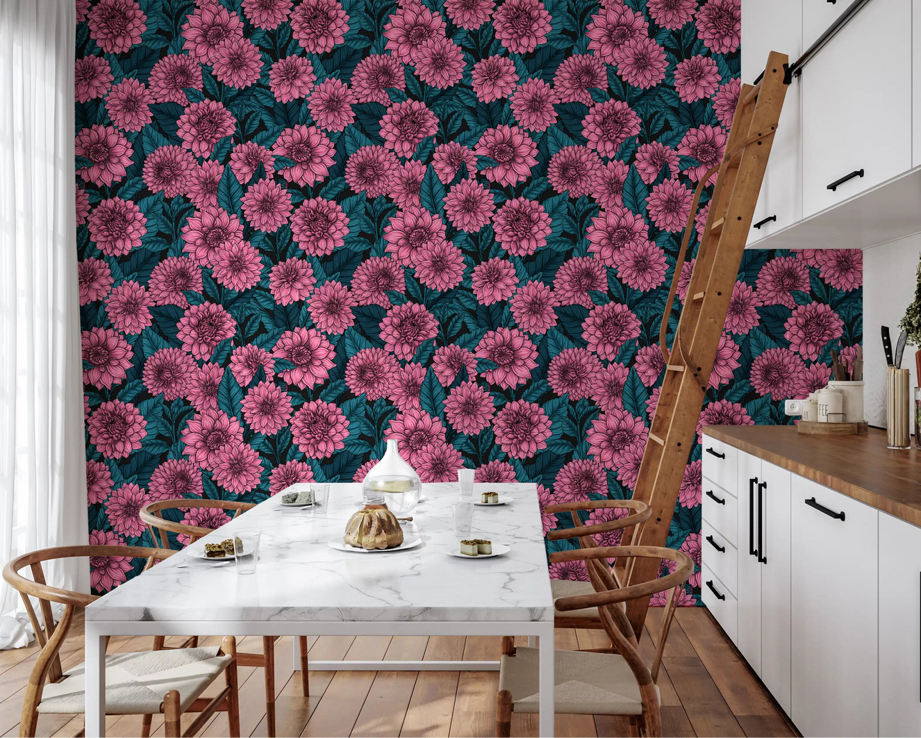 Pink Dahlia garden blue leaves wallpaper covering a modern kitchen dining area elegantly.