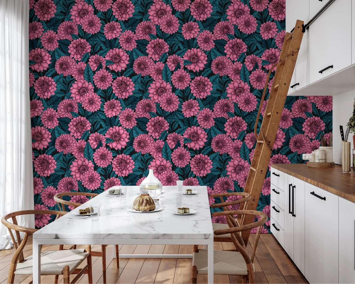 Pink Dahlia garden// blue leaves Wallpaper⁠