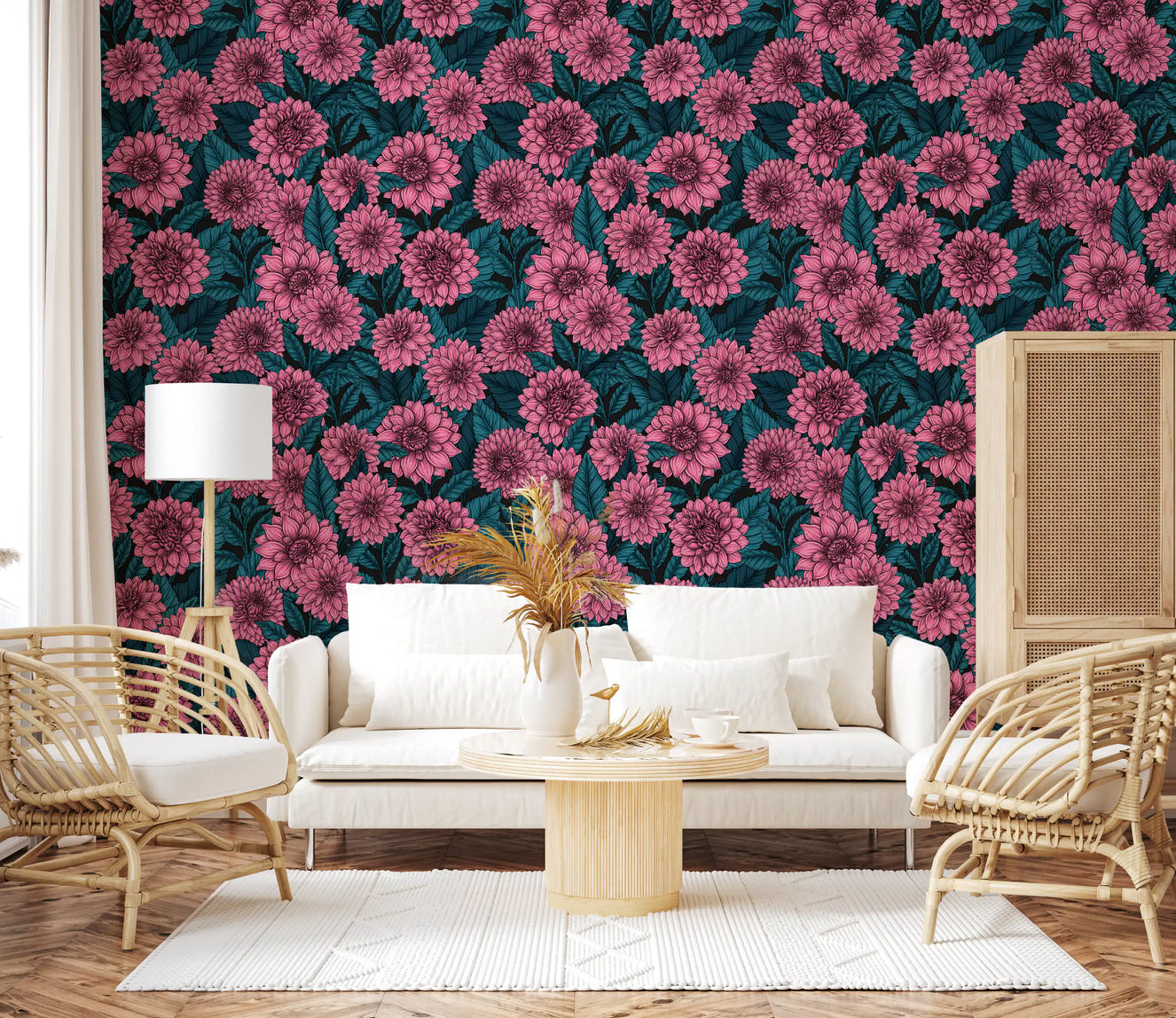 Papier peint Jardin de dahlias roses // feuilles bleues