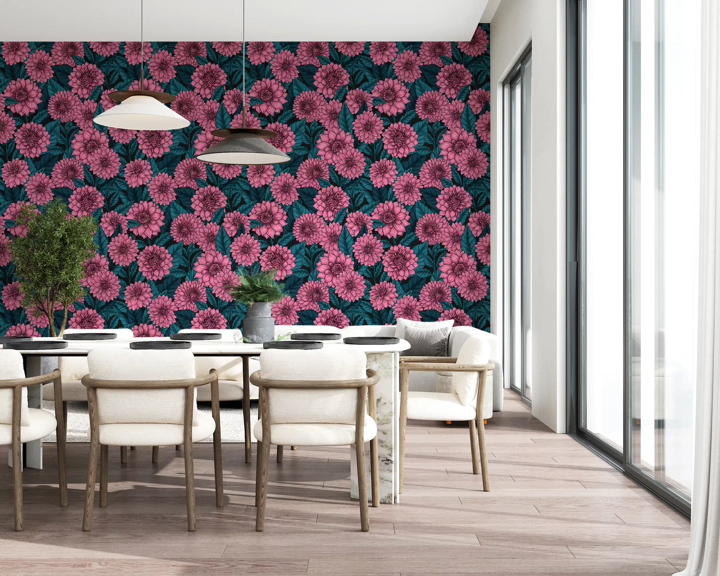 Pink Dahlia garden// blue leaves Wallpaper⁠