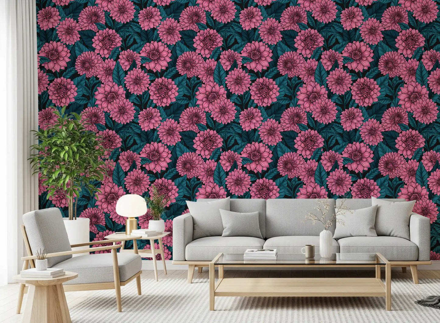 Pink Dahlia garden// blue leaves Wallpaper⁠