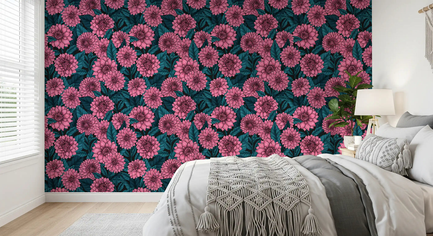 Pink Dahlia garden// blue leaves Wallpaper⁠