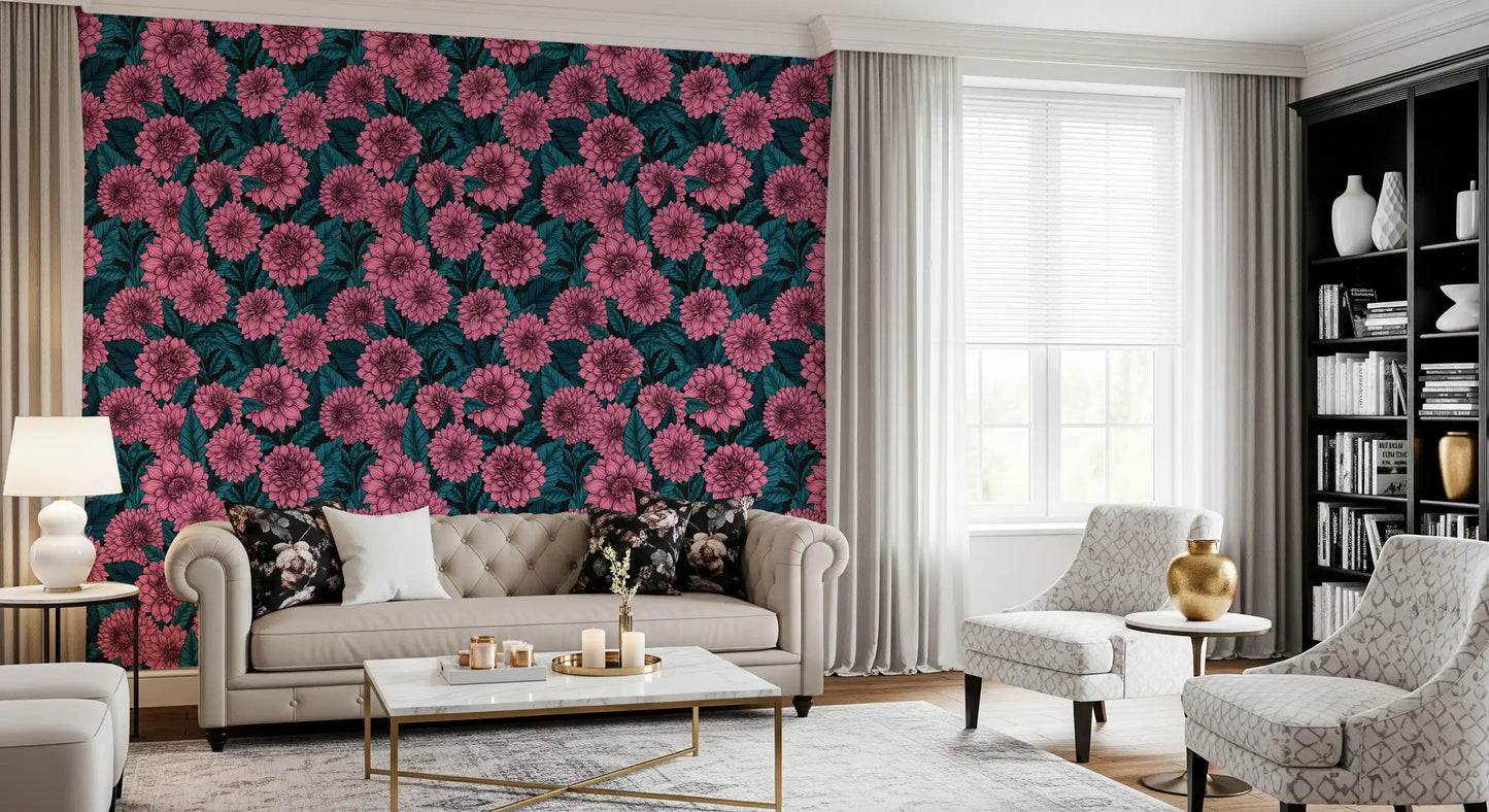 Pink Dahlia garden// blue leaves Wallpaper⁠