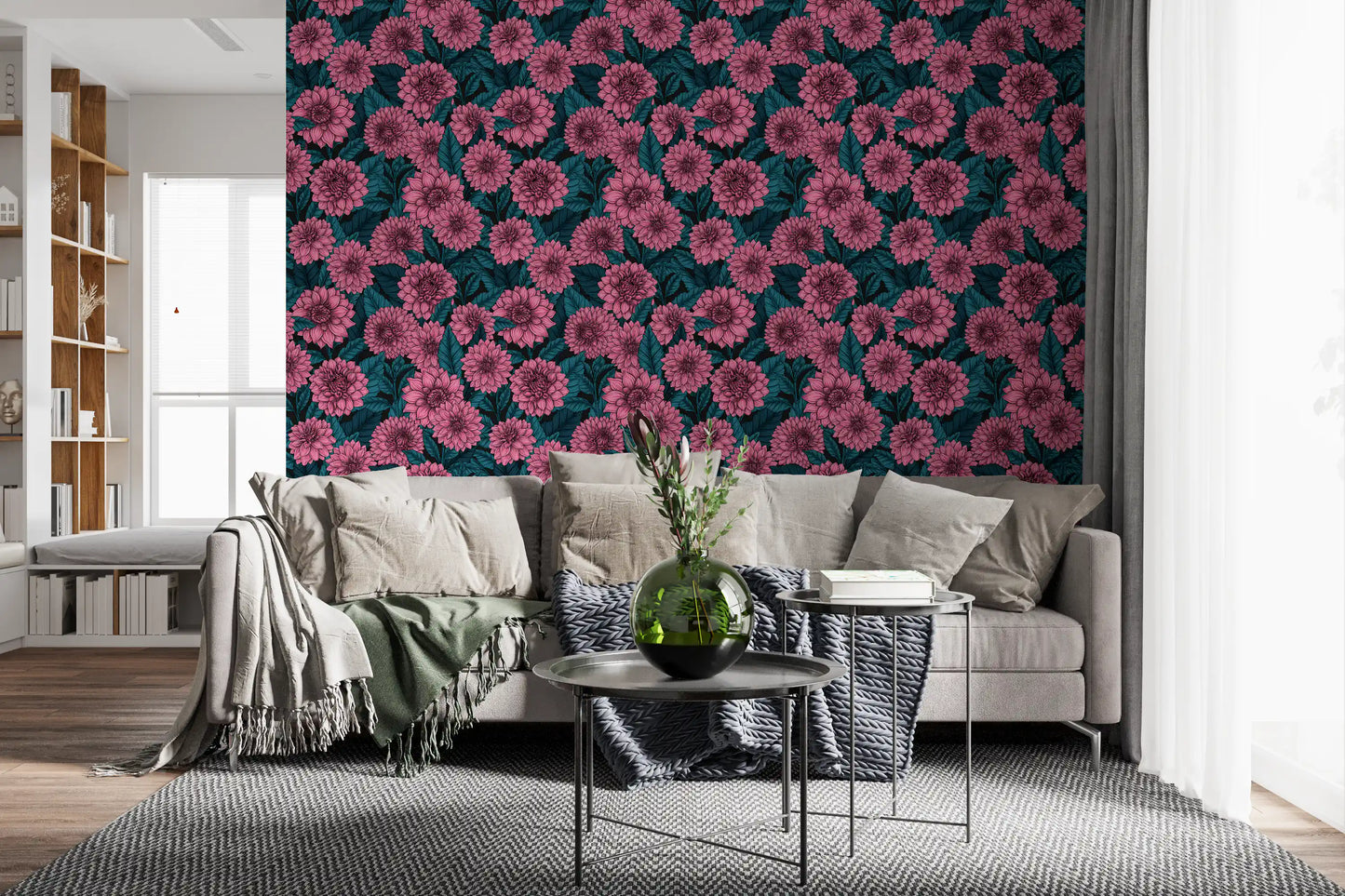 Pink Dahlia garden// blue leaves Wallpaper⁠