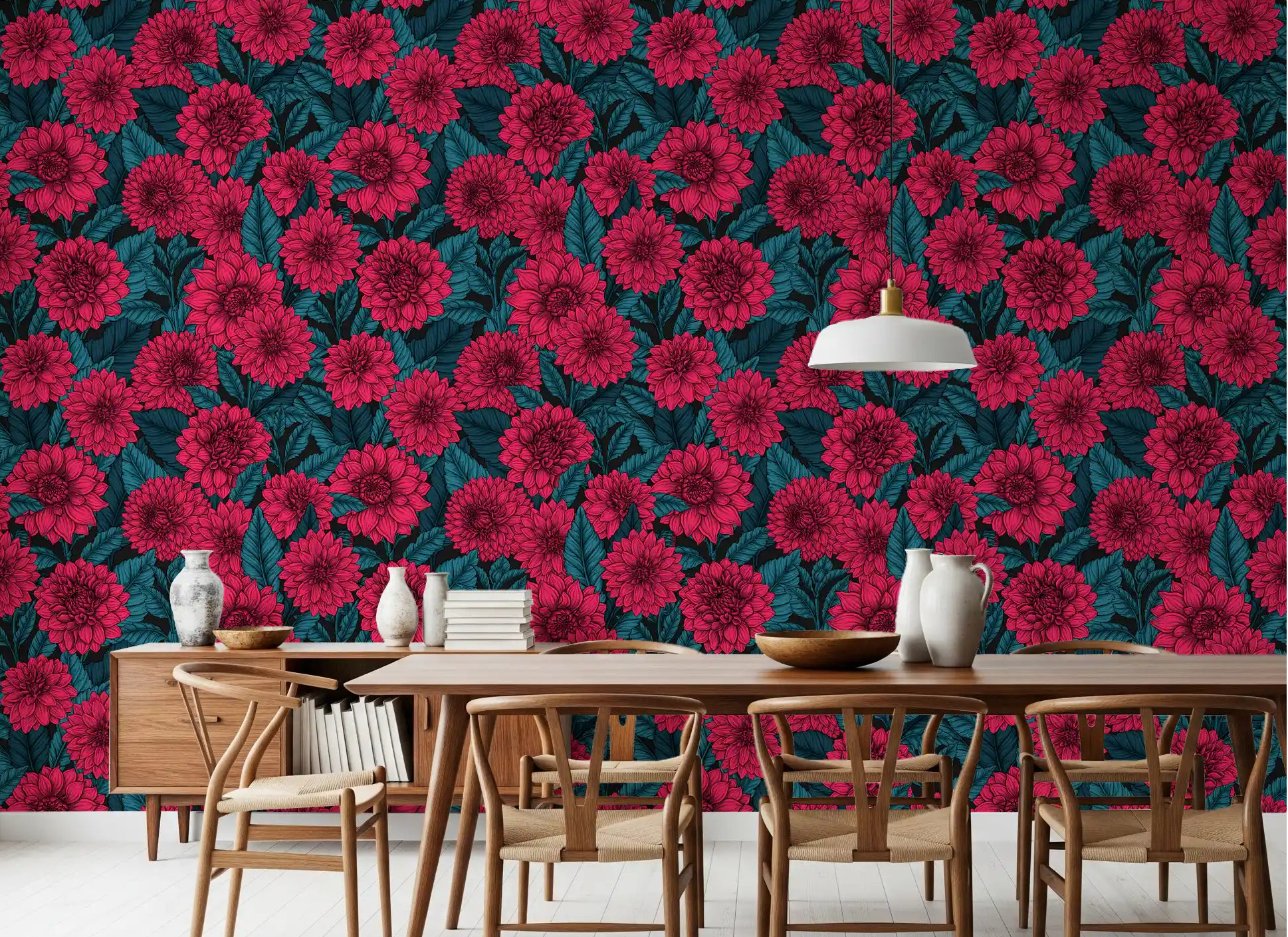 Vibrant Red Dahlia garden wallpaper surrounds the dining room table perfectly.