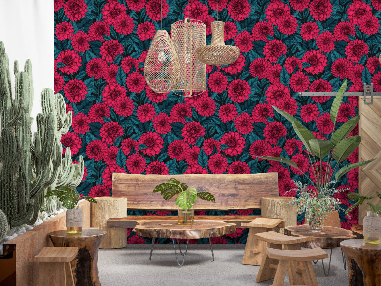 Papier peint jardin de dahlias rouges / feuilles bleues