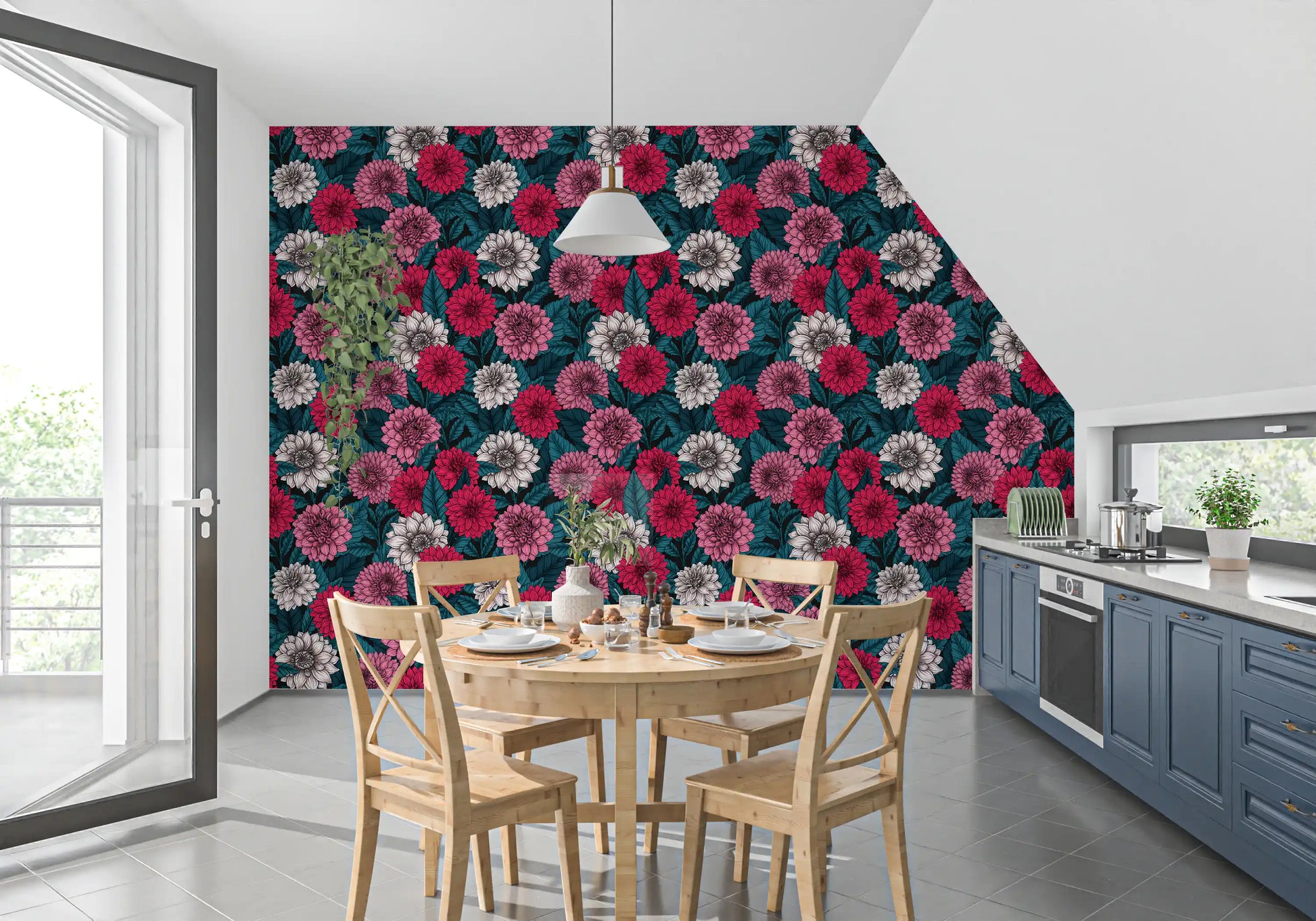 View the Dahlia garden pink red and white flowers blue leaves wallpaper details.