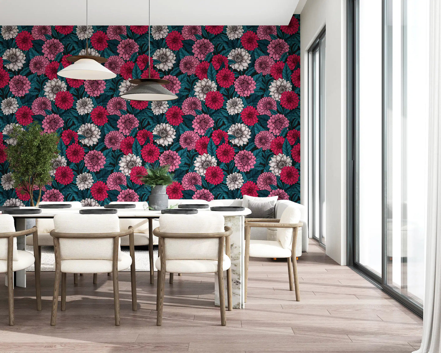 A dining room features the bright Dahlia wallpaper wonderfully.