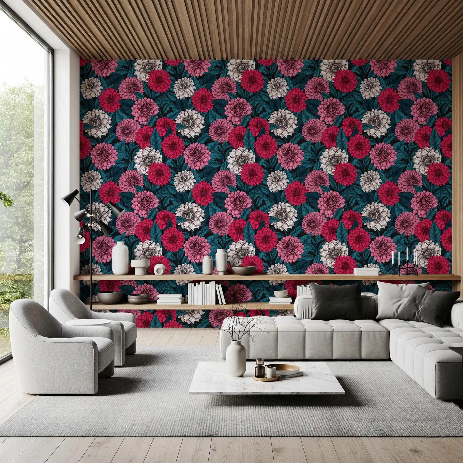 Dahlia garden pink red and white flowers blue leaves wallpaper fits the Living room 