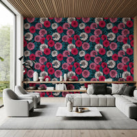 Dahlia garden pink red and white flowers blue leaves wallpaper fits the Living room 