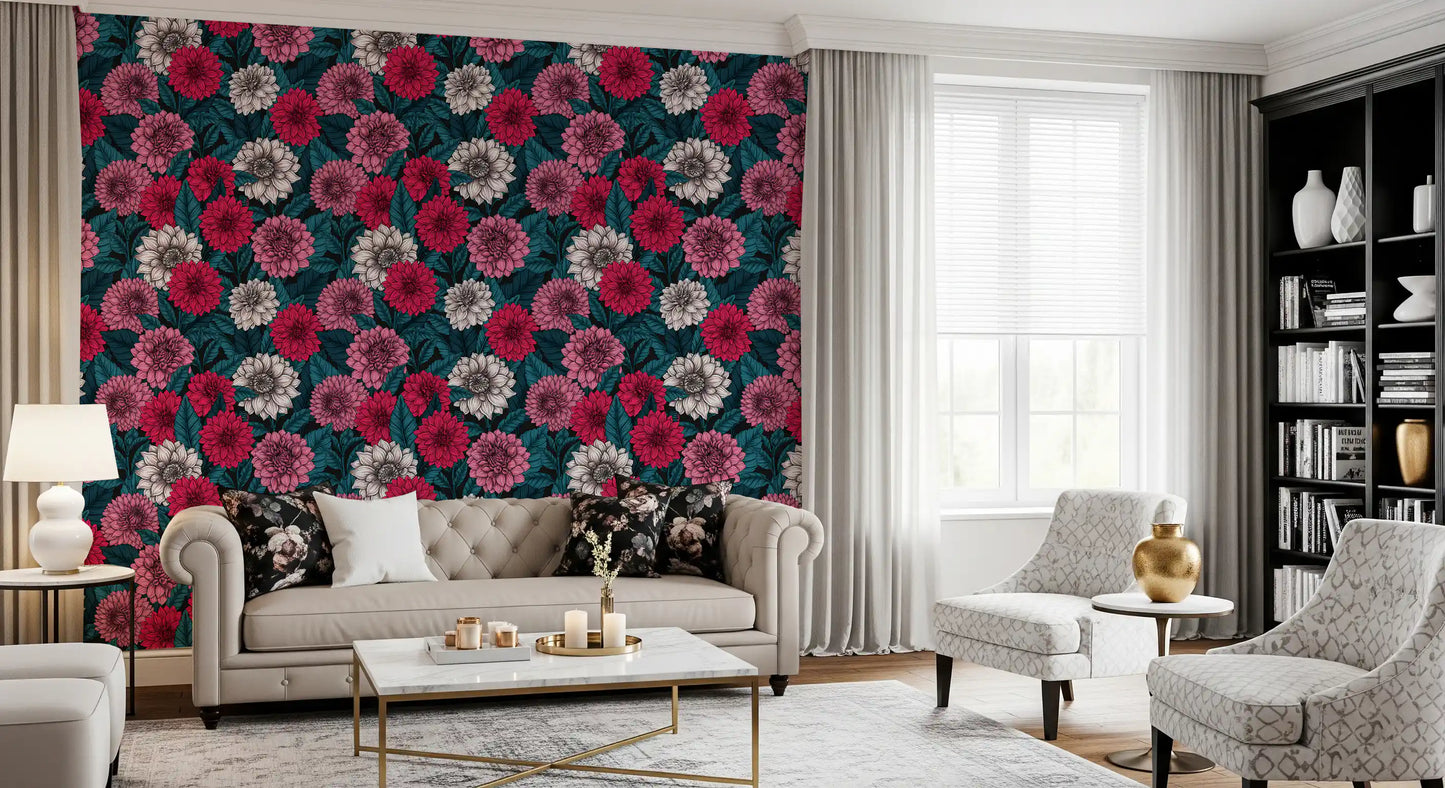 Primary Living room settings look superb with the intricate red wallpaper.
