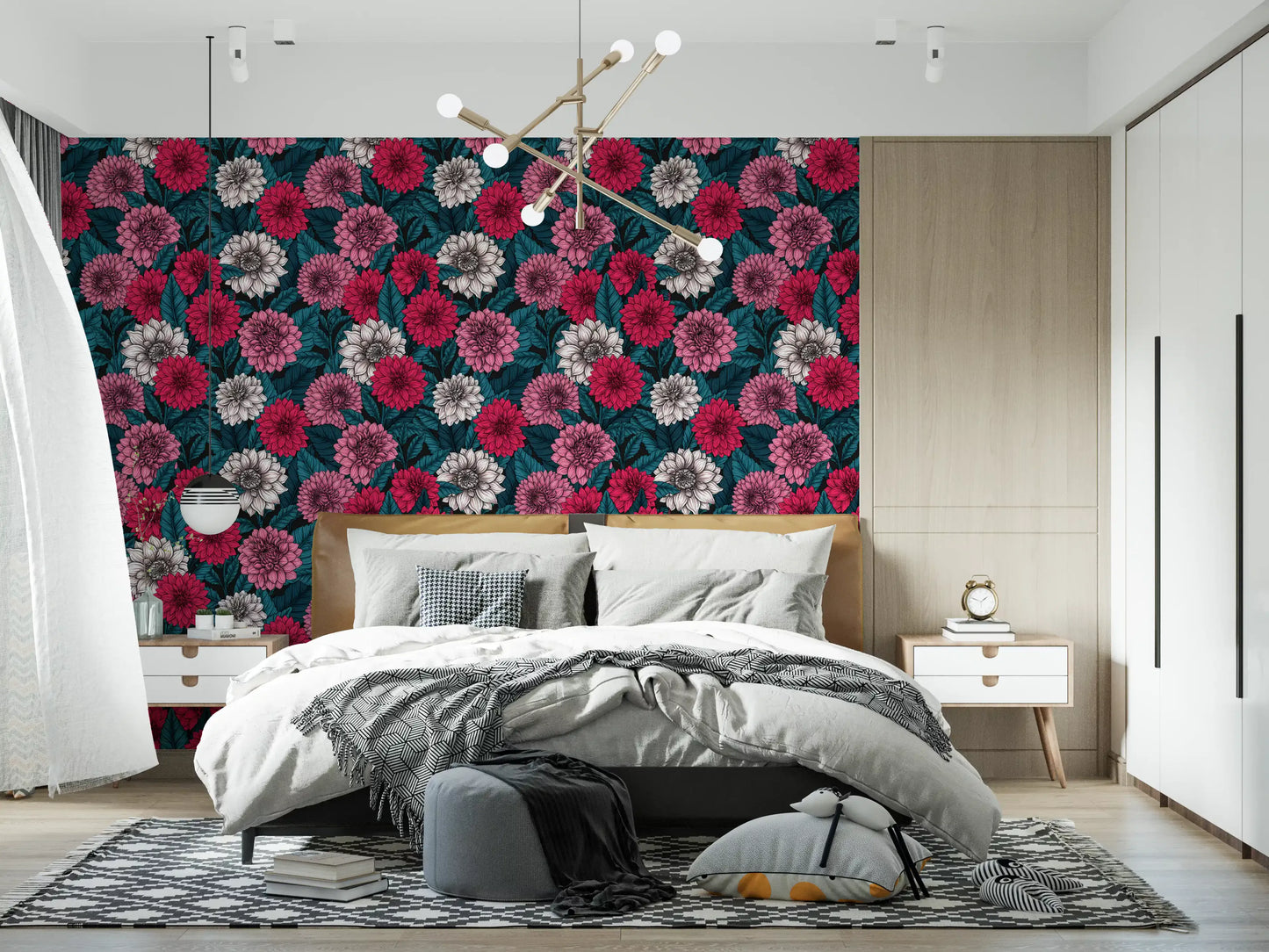 Dahlia garden pink red and white flowers blue leaves wallpaper displays nature well.