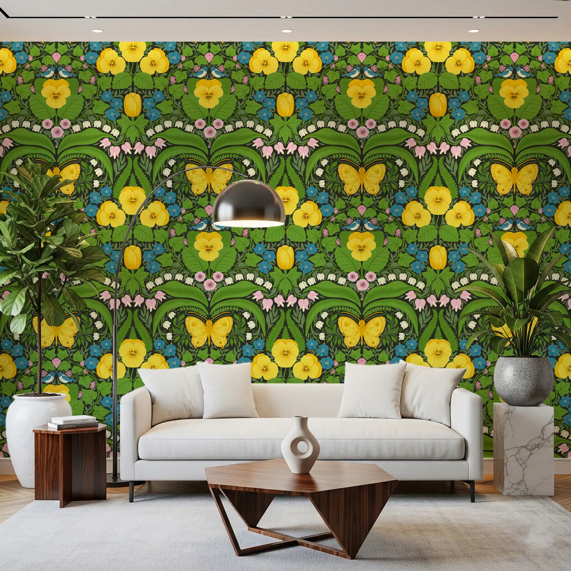 Lounge areas suit the Dollhouse garden, Yellow pansies, birds and butterflies wallpaper.