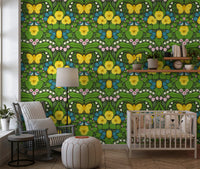 Botanical butterflies wallpaper sets a vibrant tone inside the Nursery.