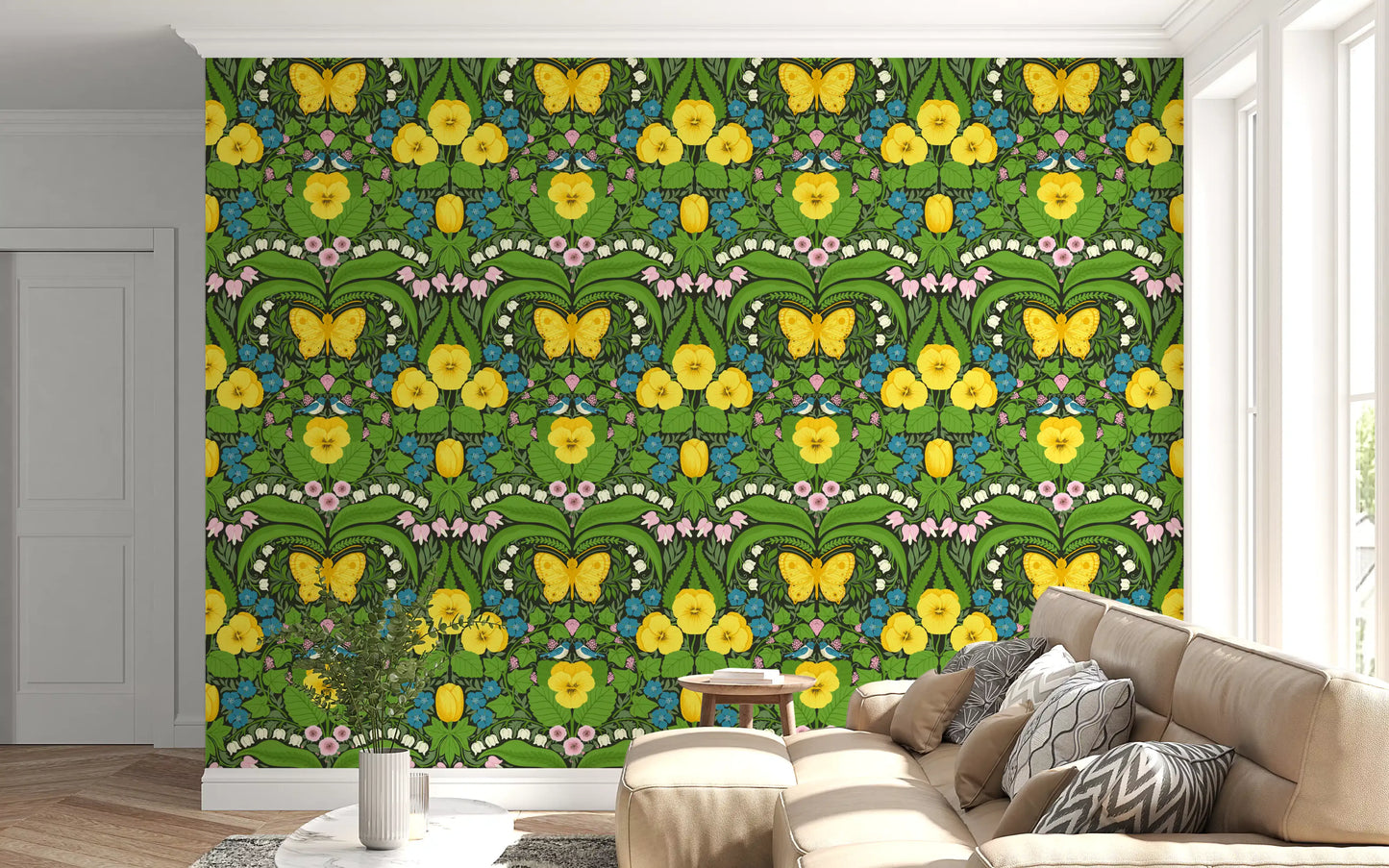 Vibrant pansies wallpaper patterns seamlessly wrap this expansive Living room