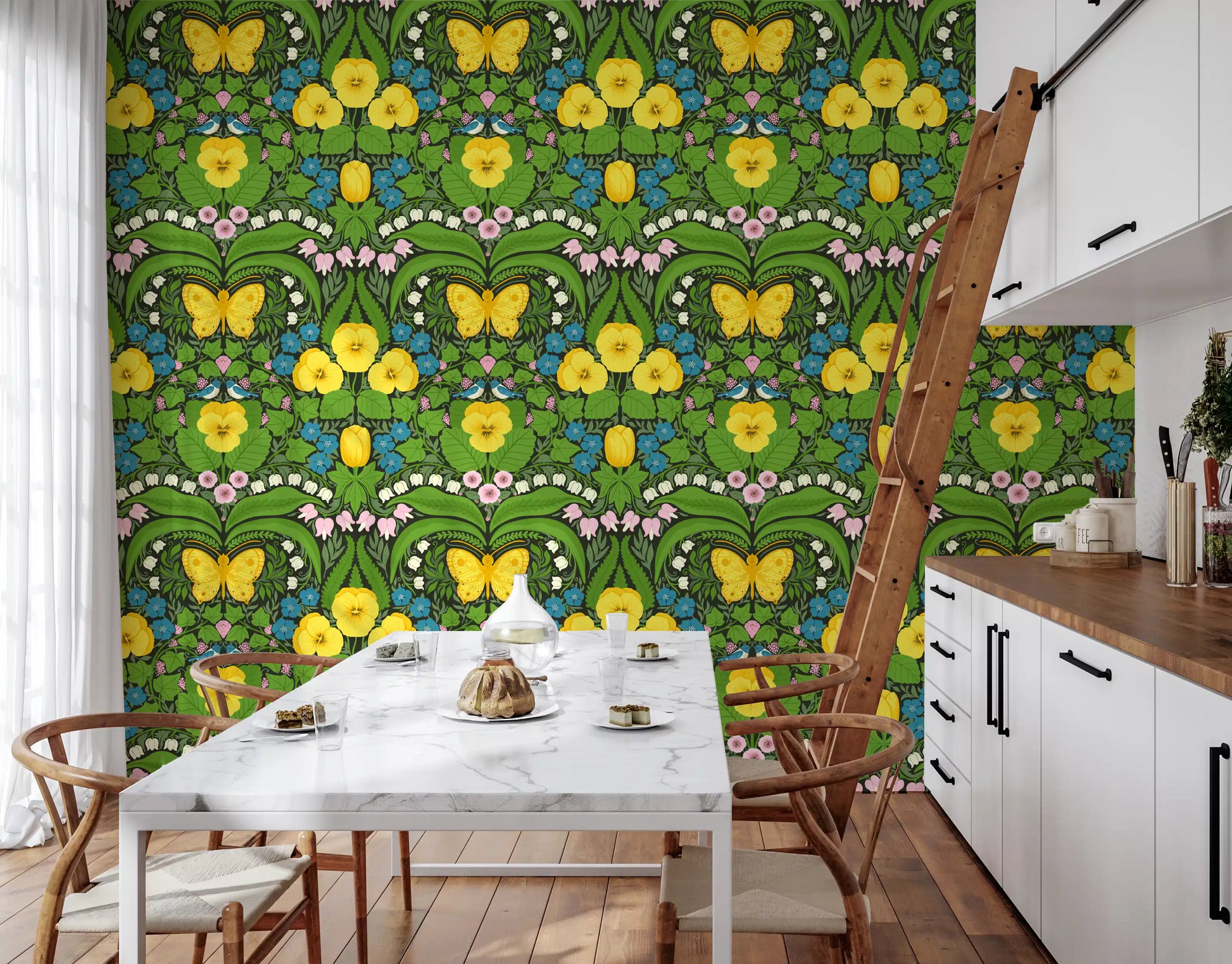 Deep black grounds the Dollhouse garden, Yellow pansies, birds and butterflies wallpaper.