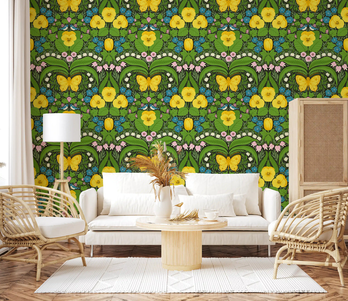 A cozy Living room Dollhouse garden, Yellow pansies, birds and butterflies wallpaper.