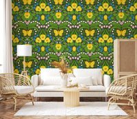 A cozy Living room Dollhouse garden, Yellow pansies, birds and butterflies wallpaper.
