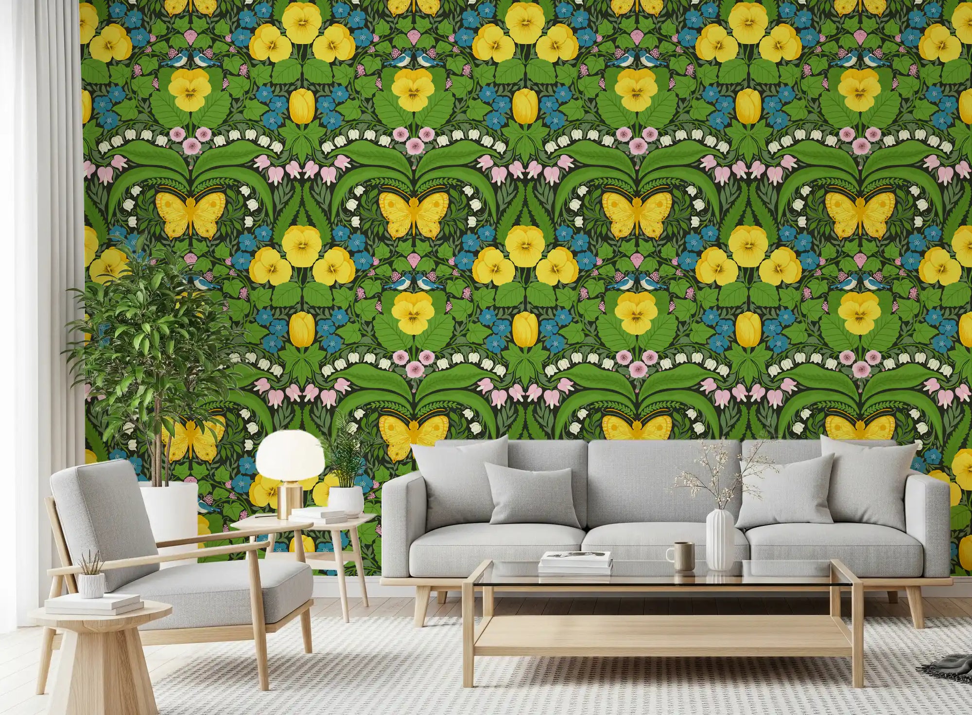 The Dollhouse garden, Yellow pansies, birds and butterflies wallpaper adorns a Living room.