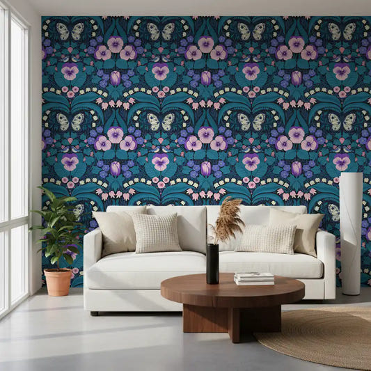 Daylight illuminates the vibrant Dollhouse garden wallpaper in this spacious living room.