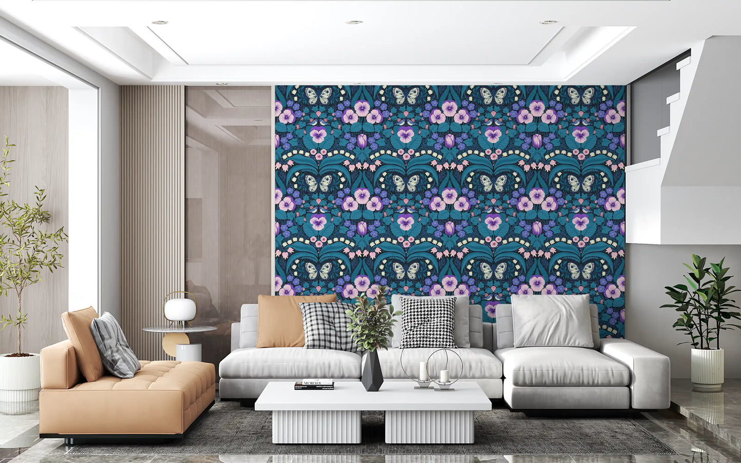 Ornate botanical graphics finish a bright Living room via this wallpaper.